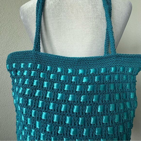 Handbag Shoulder Bag Turquoise Blue Braided Ribbon Weave - Picture 5 of 10